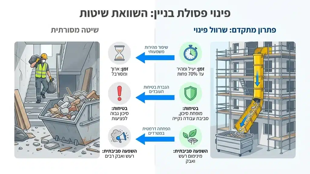 שרוולי פינוי פסולת מותקנים על בניין מגורים